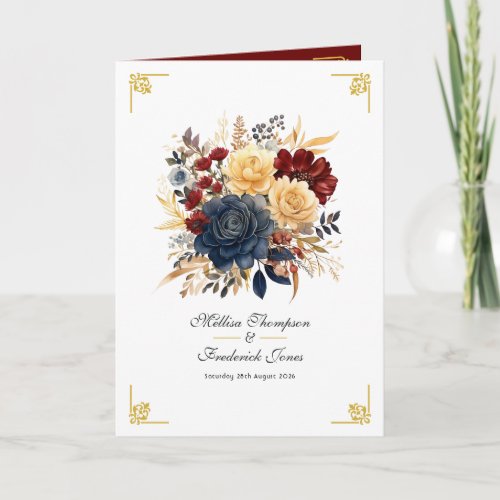 Gold Navy Blue and Burgundy Floral Wedding Program