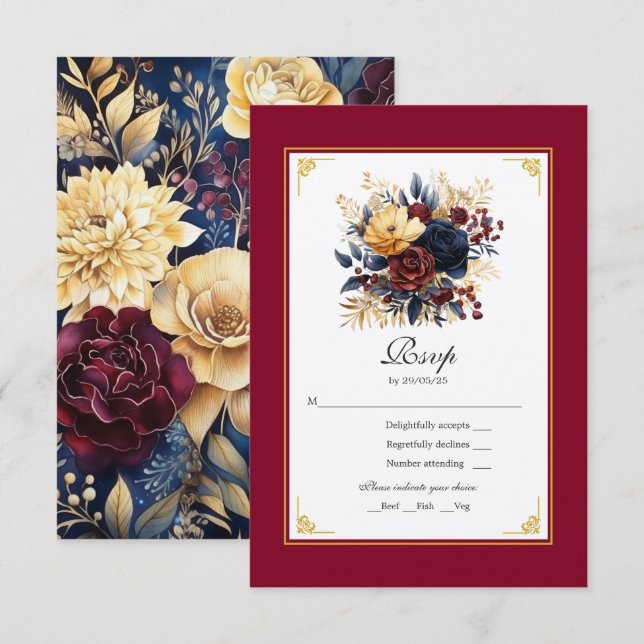 Gold, Navy Blue, and Burgundy Floral Wedding RSVP Card (Front/Back)