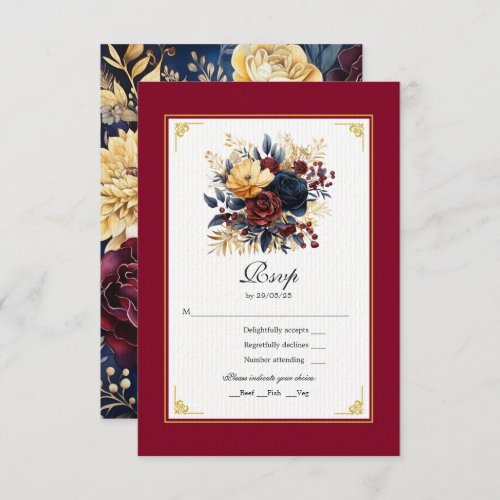 Gold Navy Blue and Burgundy Floral Wedding RSVP Card
