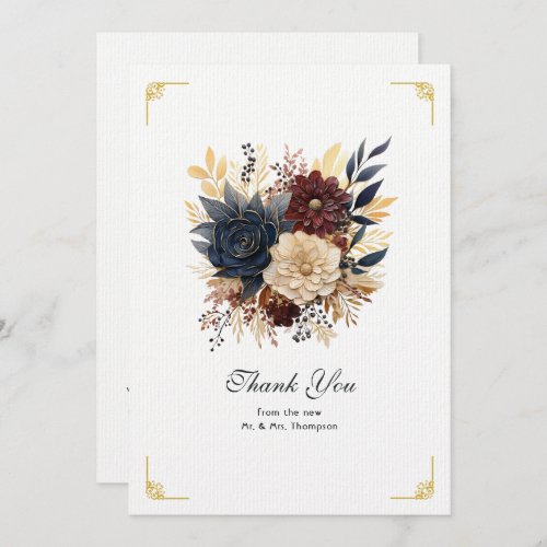 Gold Navy Blue and Burgundy Floral Wedding Thank You Card