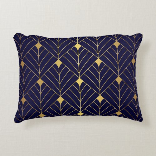 Gold Navy Blue Art Deco Diamond Pattern Accent Pillow