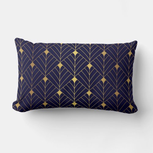 Gold Navy Blue Art Deco Diamond Pattern Lumbar Pillow