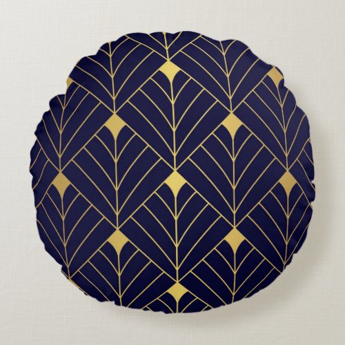 Gold Navy Blue Art Deco Diamond Pattern Round Pillow