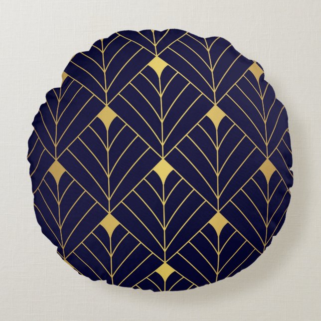 Gold Navy Blue Art Deco Diamond Pattern Round Pillow (Front)