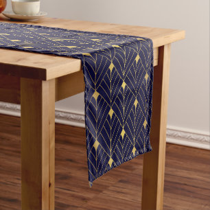 Gold Navy Blue Art Deco Diamond Pattern Short Table Runner