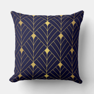 Gold Navy Blue Art Deco Diamond Pattern Throw Pillow