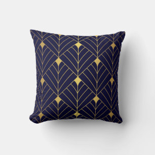 Gold Navy Blue Art Deco Diamond Pattern Throw Pillow