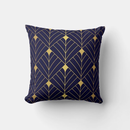 Gold Navy Blue Art Deco Diamond Pattern Throw Pillow
