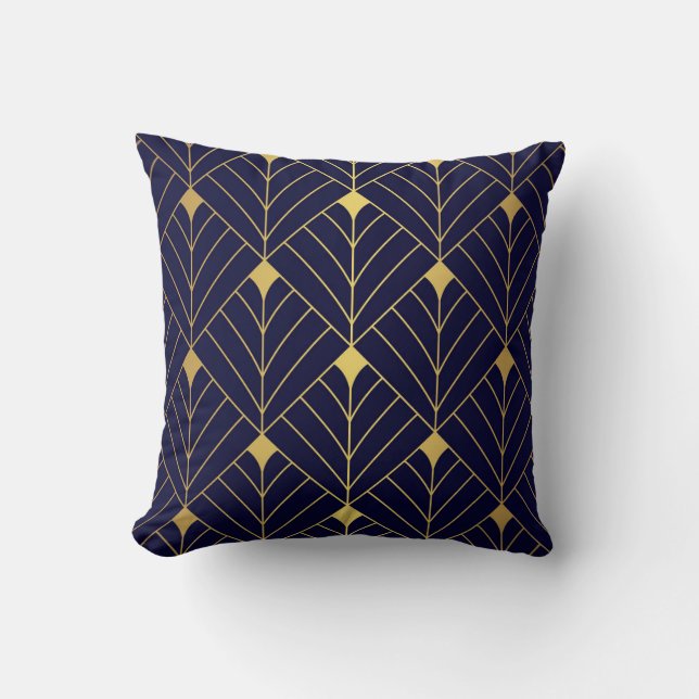 Gold Navy Blue Art Deco Diamond Pattern Throw Pillow (Front)
