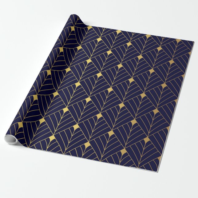 Gold Navy Blue Art Deco Diamond Pattern Wrapping Paper (Unrolled)