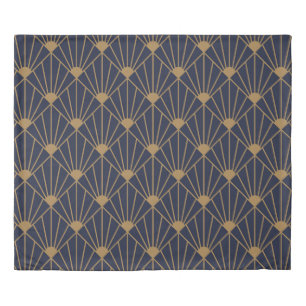 Gold Navy Blue Art Deco Fan Pattern  Duvet Cover