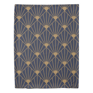 Gold Navy Blue Art Deco Fan Pattern  Duvet Cover
