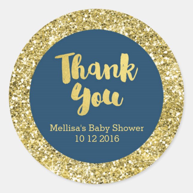 Gold Navy Blue Baby Shower Thank You Favor Sticker (Front)