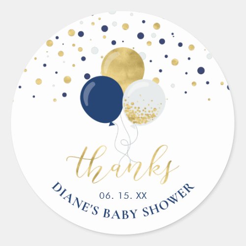 Gold  Navy Blue Balloons  Party Favor Thank you Classic Round Sticker