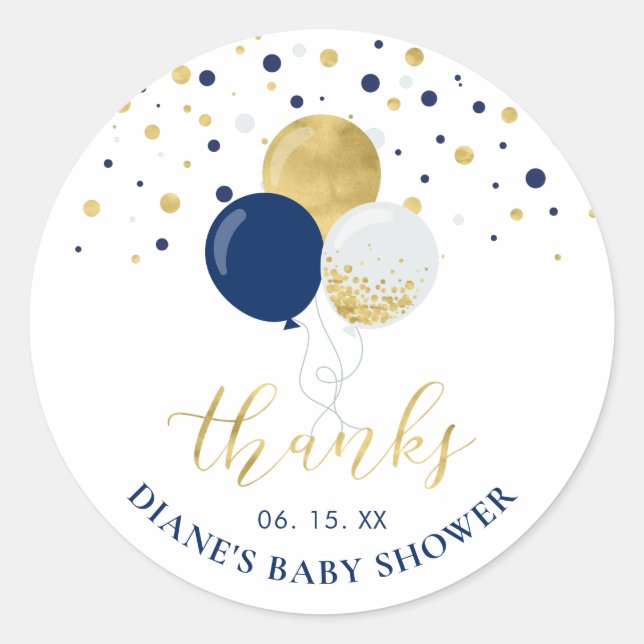 Gold & Navy Blue Balloons | Party Favor Thank you Classic Round Sticker (Front)