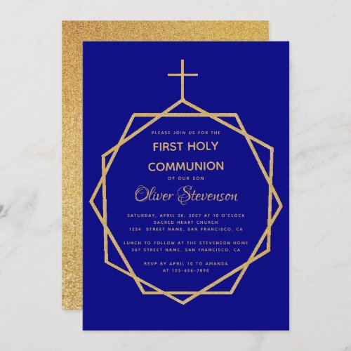Gold Navy Blue Boy First Holy Communion Geometric Invitation