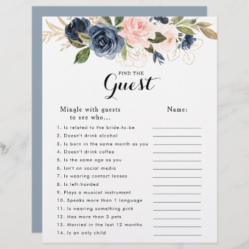 Gold Navy Blue Bridal Shower Find the Guest Game