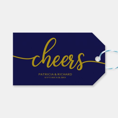 Gold Navy Blue Calligraphy Cheers Wine Bottle Tags