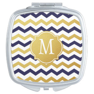 Gold & Navy Blue Chevron Monogram Mirror For Makeup