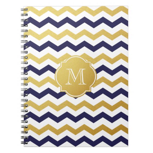 Gold  Navy Blue Chevron Pattern Monogram Notebook