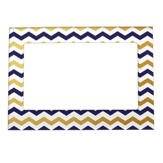 Gold & Navy Blue Chevron Picture Frame Magnet (Front)