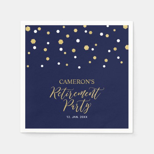 Gold  Navy Blue Chic Confetti Retirement Party Napkins