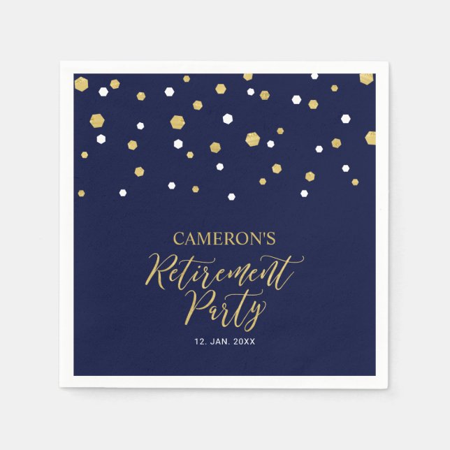 Gold & Navy Blue Chic Confetti Retirement Party Napkins (Front)
