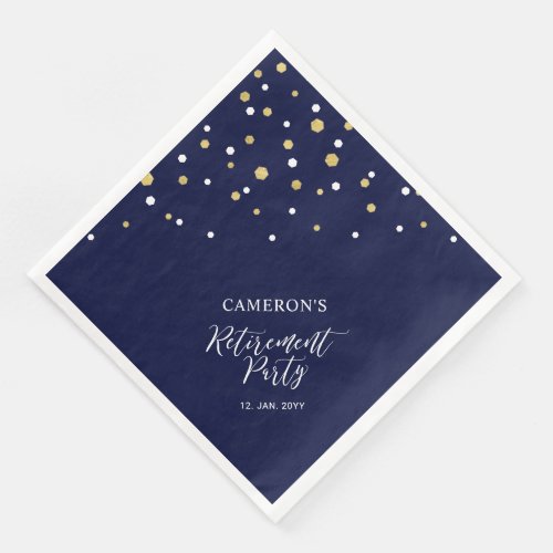 Gold  Navy Blue Chic Confetti Retirement Party Paper Dinner Napkins