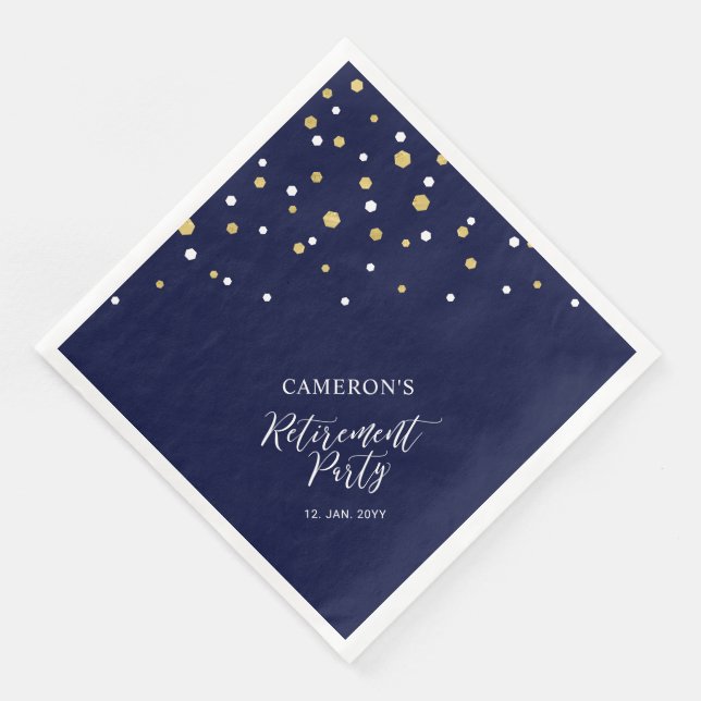 Gold & Navy Blue Chic Confetti Retirement Party Paper Dinner Napkins (Corner)
