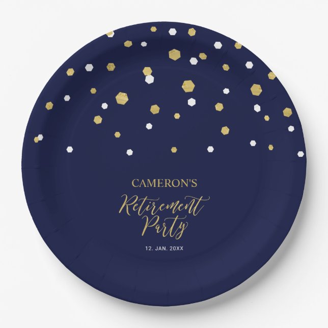 Gold & Navy Blue Chic Confetti Retirement Party Paper Plates (Front)