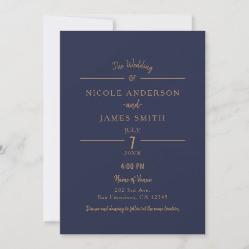 Gold Navy Blue Chic Minimal Clean Classic Wedding Invitation | Zazzle