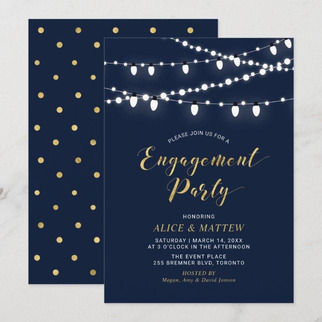 Gold & Navy Blue | Chic Modern Engagement Party In Invitation (Front/Back)