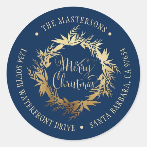 Gold Navy Blue Christmas Wreath Return Address Classic Round Sticker
