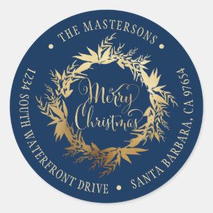 Gold Navy Blue Christmas Wreath Return Address Classic Round Sticker