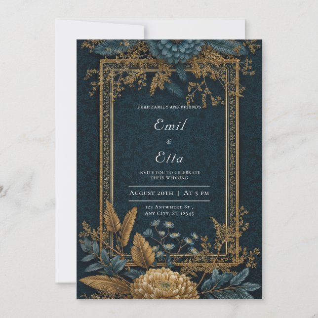 Gold Navy Blue Chrysanthemum Art Deco Wedding Invitation (Front)
