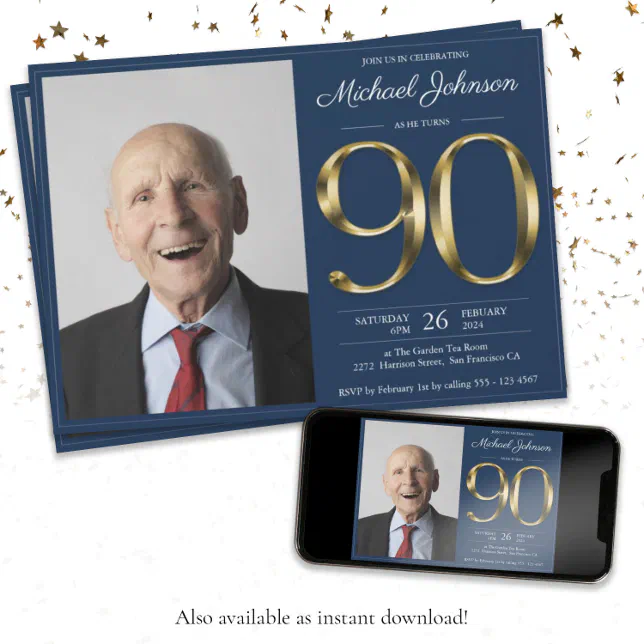 Gold Navy Blue Classy Photo 90th Birthday Party Invitation Zazzle 4894