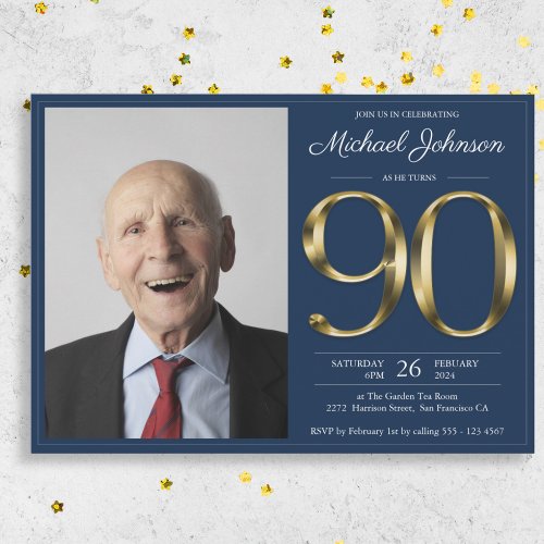 Gold Navy Blue Classy Photo 90th Birthday Party Invitation