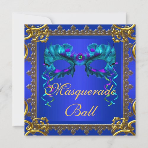 Gold Navy Blue Cobalt Blue Mask Masquerade Ball Invitation