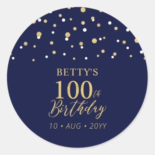 Gold Navy Blue Confetti 100th Birthday Party Favor Classic Round Sticker