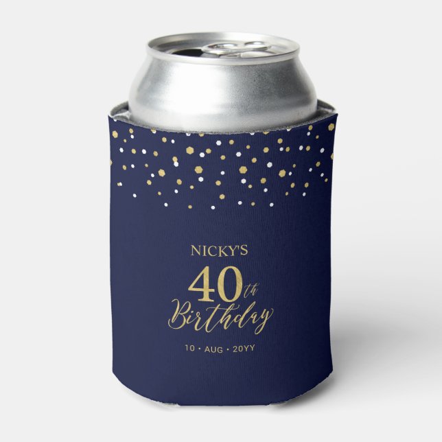 Gold Navy Blue Confetti 40th Birthday Party Favor Can Cooler (Can Front)