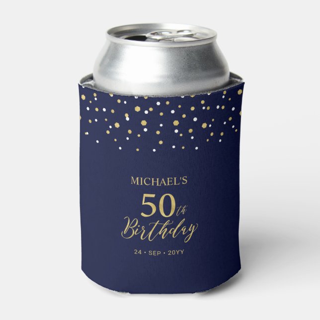 Gold Navy Blue Confetti 50th Birthday Party Favor Can Cooler (Can Front)