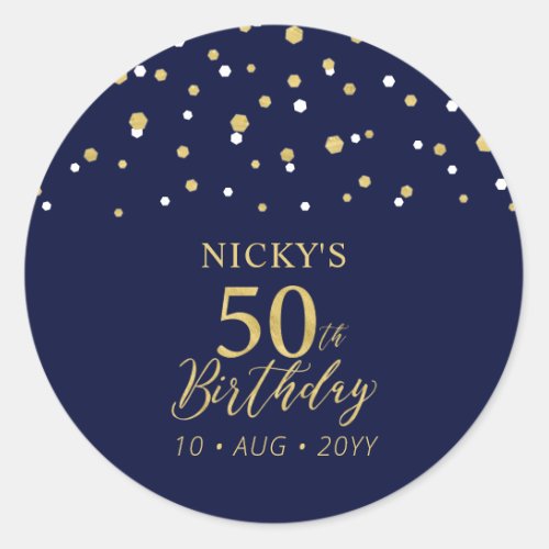 Gold Navy Blue Confetti 50th Birthday Party Favor Classic Round Sticker