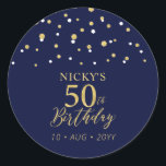 Gold Navy Blue Confetti 50th Birthday Party Favor Classic Round Sticker<br><div class="desc">This simple gold & navy blue sticker will add stylish detail to your special day. This design features modern gold script "50th Birthday",  hexagon confetti with custom text. Matching birthday invitations and party supplies are available in my shop BaraBomDesign.</div>
