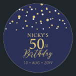 Gold Navy Blue Confetti 50th Birthday Party Favor Classic Round Sticker<br><div class="desc">This simple gold & navy blue sticker will add stylish detail to your special day. This design features modern gold script "50th Birthday",  hexagon confetti with custom text. Matching birthday invitations and party supplies are available in my shop BaraBomDesign.</div>