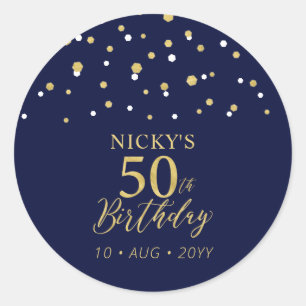 Gold Navy Blue Confetti 50th Birthday Party Favor Classic Round Sticker