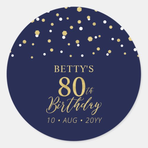 Gold Navy Blue Confetti 80th Birthday Party Favor Classic Round Sticker