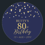 Gold Navy Blue Confetti 80th Birthday Party Favor Classic Round Sticker<br><div class="desc">This simple gold & navy blue sticker will add stylish detail to your special day. This design features modern gold script "80th Birthday",  hexagon confetti with custom text. Matching birthday invitations and party supplies are available in my shop BaraBomDesign.</div>
