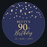 Gold Navy Blue Confetti 90th Birthday Party Favor Classic Round Sticker<br><div class="desc">This simple gold & navy blue sticker will add stylish detail to your special day. This design features modern gold script "90th Birthday",  hexagon confetti with custom text. Matching birthday invitations and party supplies are available in my shop BaraBomDesign.</div>