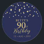 Gold Navy Blue Confetti 90th Birthday Party Favor Classic Round Sticker<br><div class="desc">This simple gold & navy blue sticker will add stylish detail to your special day. This design features modern gold script "90th Birthday",  hexagon confetti with custom text. Matching birthday invitations and party supplies are available in my shop BaraBomDesign.</div>