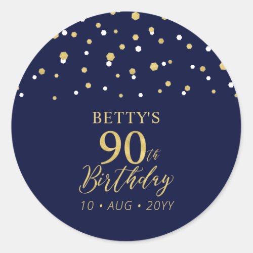 Gold Navy Blue Confetti 90th Birthday Party Favor Classic Round Sticker